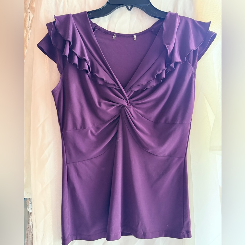 Purple Twist-Front Ruffle Sleeve Women's Top
